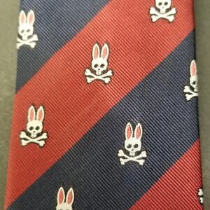 Psycho Bunny Mens Navy Red Silk Striped Bunny Crossbones Logo Tie Designer